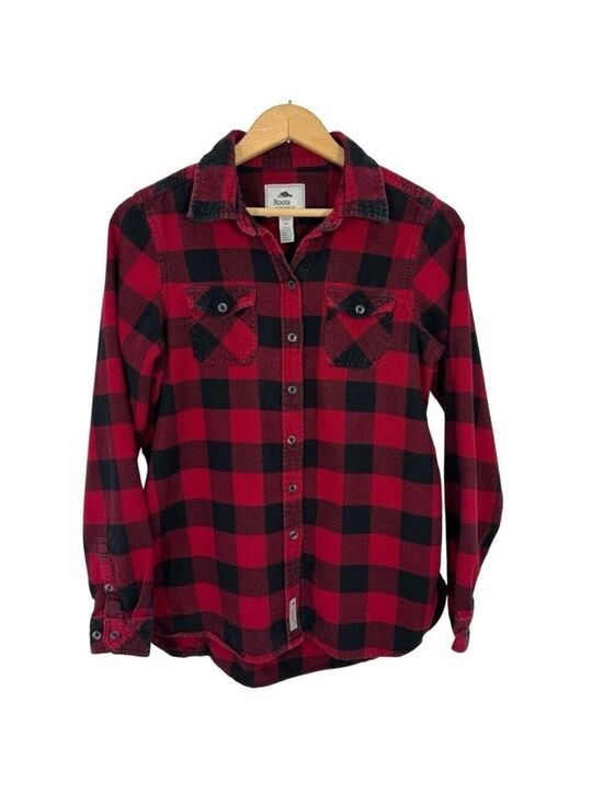 Roots Tops - Roots Buffalo Plaid Flannel Shirt Womens S Black Red Check Long Sleeve Button Up
